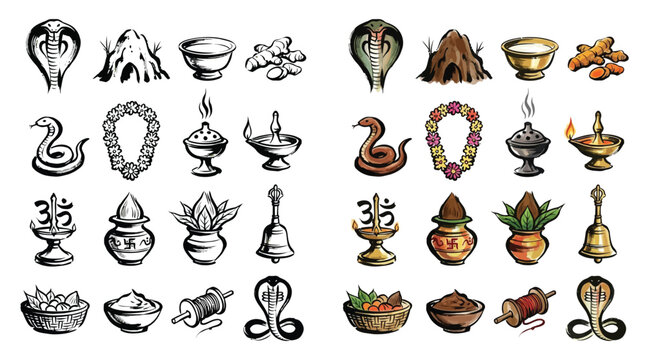 Collection of Hindu religious symbols and items, including deities, offerings, and cultural artifacts.