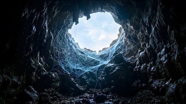 Massive spider web spanning across a dark cave opening