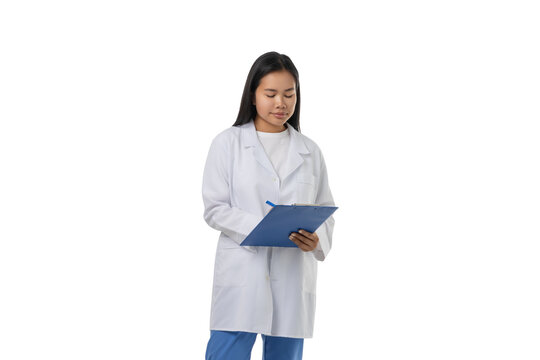 Doctor reviewing patient records, isolated on white, PNG