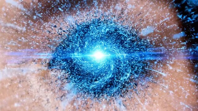 A close-up of a human eye with a blue iris and white light effects