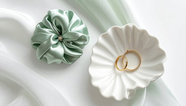 Beautiful Silk Scrunchie Jewelry Tray featuring a White Ceramic Shell Plate with Golden Rings and Sage Green Hair Accessories