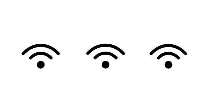 Three Wi-Fi signal icons with varying strengths, each consisting of curved lines radiating from a central dot, arranged in a horizontal sequence. The first icon has four lines, the second has three...