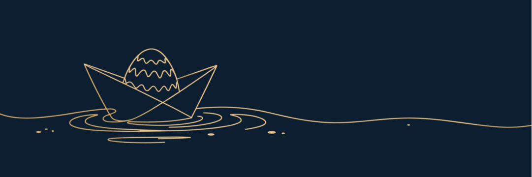 Minimalist Easter banner with gold line art paper boat and egg on dark blue background 
