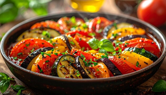 Realistic close-up ratatouille vegetables, colorful, rustic, appetizing, detailed, natural, gourmet, vibrant.