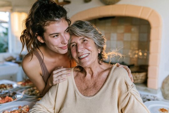 Happy senior woman and granddaughter sharing a warm hug at a rustic kitchen table, showing an affectionate moment for multigenerational family and grandparent love stock