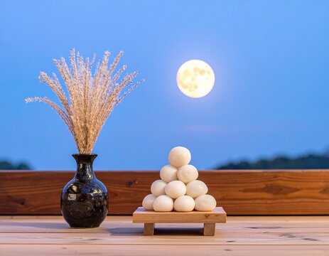 Japanese tsukimi moon viewing still life with dango rice dumplings and pampas grass under the full moon at dusk