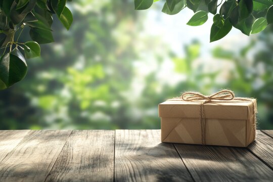 A brown gift box tied with twine sits on a wooden surface with a blurred green foliage background