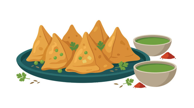 Crispy samosa vector on a plate with dipping sauces