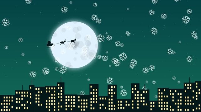 Santa claus flying in sleigh over city skyline with full moon and falling snow