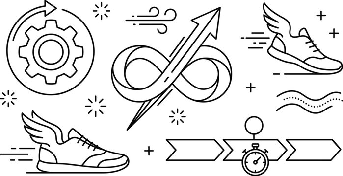 Business efficiency and productivity icon set with infinity loop running shoes line art illustration for performance progress optimization