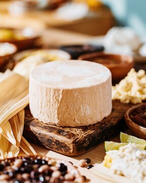 Unglazed terracotta comal podium on a weathered wooden board surrounded by corn husks and masa dough for Latin American food product display