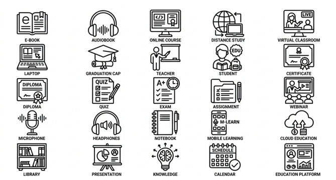 Digital Learning Outline Icons with E Book Online Course and Editable Stroke Vector Collection