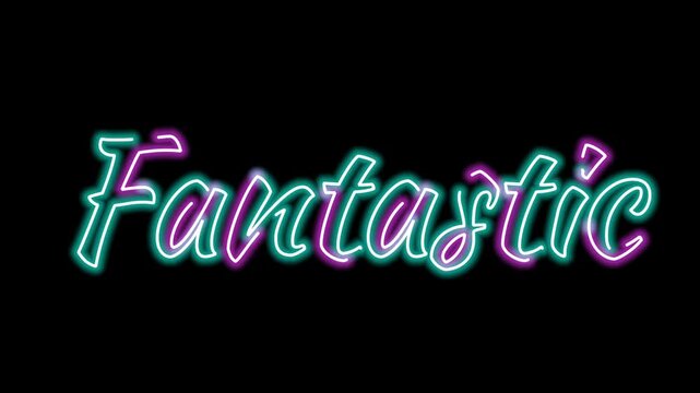 Fantastic neon text animation cyan purple cursive script font on dark black background for concept