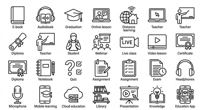 E Learning Online Course and Education Line Icon Set with Editable Stroke Vector Collection