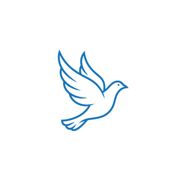Elegant blue line art dove bird flying logo design.