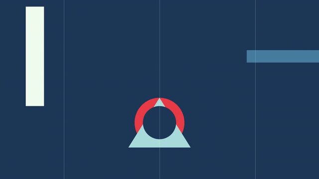 Abstract motion graphics of colorful geometric shapes moving and rotating on a dark blue background with grid lines.