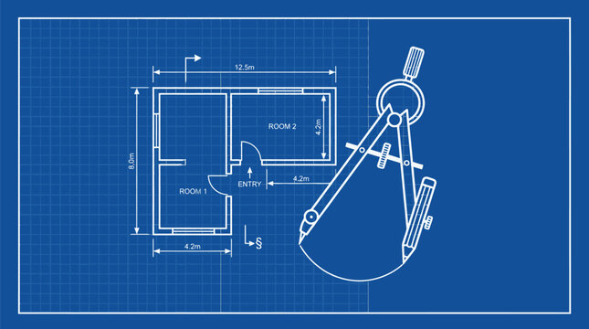 Blueprint of a modern house plan with a compass and pencil on a grid background for architectural design and drafting purposes with precise measurements.