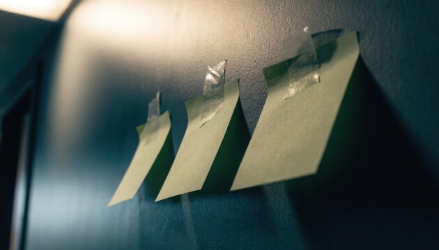 Three green sticky notes taped to dark wall under soft light creating moody atmosphere for reminders and ideas on textured surface.