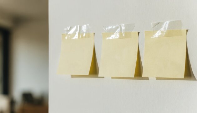 Three yellow sticky notes taped to white wall providing ample copy space for text messages and reminders in brightly lit indoor setting.
