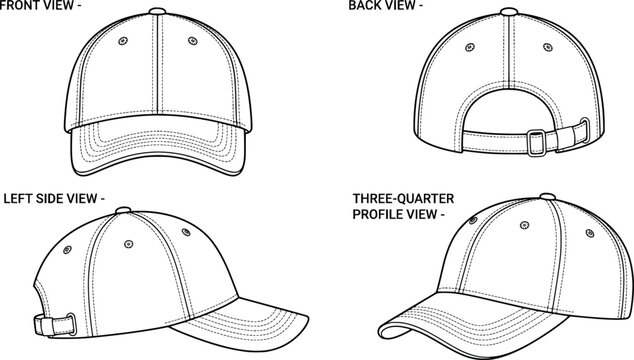 Baseball cap technical sketch vector set, blank dad hat mockup in front back and side views, headwear fashion flat sketch for apparel design
