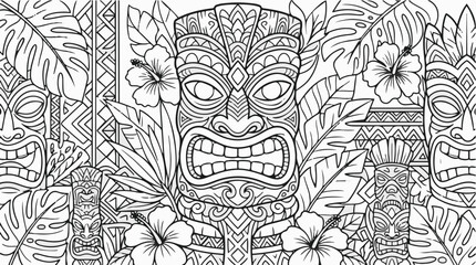Naklejka premium Tiki vector pattern with tropical flowers and Polynesian masks