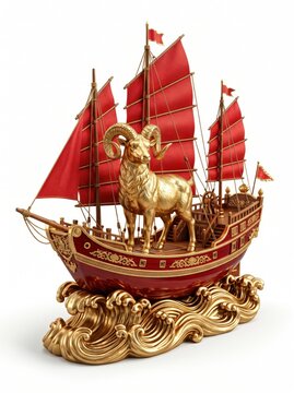 Museum-quality feng shui sculpture with detailed metallic gold ram, elegant Chinese junk boat, glossy crimson enamel finish, sculpted golden wave base, isolated on pure white background