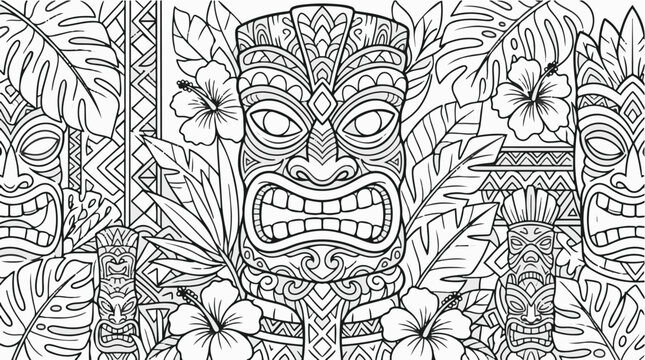 Tiki vector pattern with tropical flowers and Polynesian masks