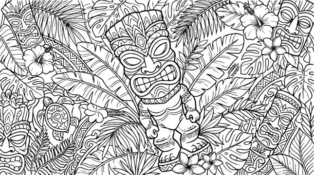 Tiki vector tropical mask and leaf coloring page pattern