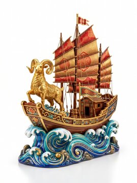 Museum-quality feng shui sculpture with detailed metallic gold ram, elegant Chinese junk boat, glossy crimson enamel finish, sculpted golden wave base, isolated on pure white background