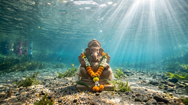 Lord Ganesha Idol Submerged Underwater with Sunbeams