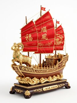 Museum-quality feng shui sculpture with detailed metallic gold ram, elegant Chinese junk boat, glossy crimson enamel finish, sculpted golden wave base, isolated on pure white background