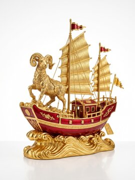 Museum-quality feng shui sculpture with detailed metallic gold ram, elegant Chinese junk boat, glossy crimson enamel finish, sculpted golden wave base, isolated on pure white background