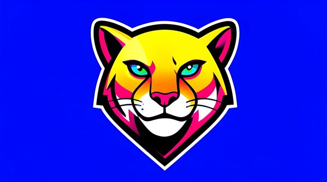 Colorful neon cat mascot logo design on a vibrant blue background frame