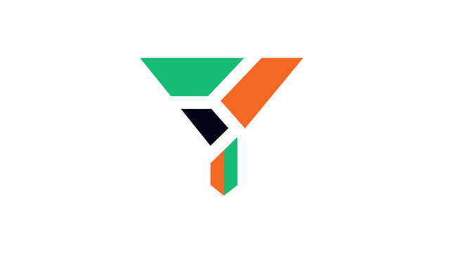 Abstract Y-shape composed of sharp geometric planes in green, orange, and black