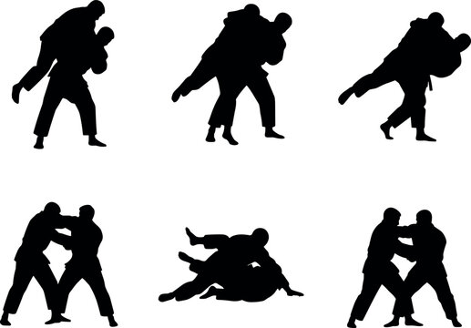 Martial Arts Silhouettes Collection Featuring Judo and Grappling Techniques