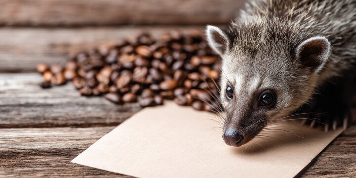 Close up of a coati near coffee beans on a wooden surface nature and food