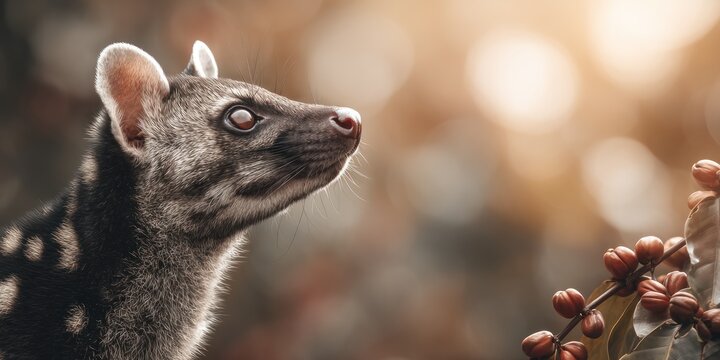 Close up portrait of a civet looking upwards with bokeh background and natural lighting