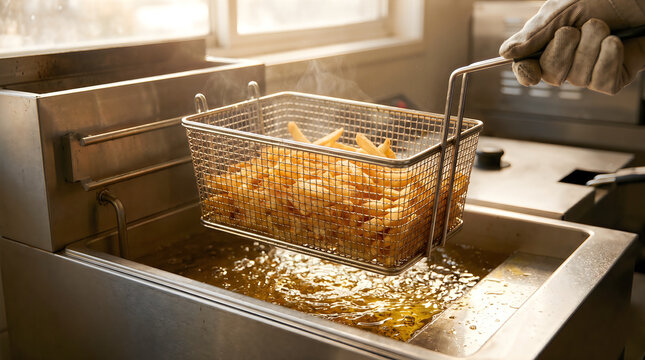 Gloved hand lifting golden crispy french fries from a deep fryer with hot oil. Freshly fried potato strips emerging from bubbling cooking oil in a...