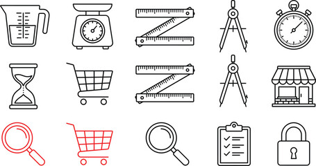 E-commerce retail market analytics and business measurement icon set with shopping cart compass stopwatch ruler line art illustration © MD