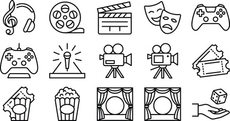 Entertainment and multimedia cinema movie icon set with video camera controller ticket popcorn theater line art illustration © MD