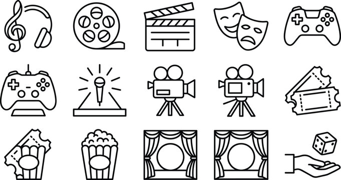 Entertainment and multimedia cinema movie icon set with video camera controller ticket popcorn theater line art illustration