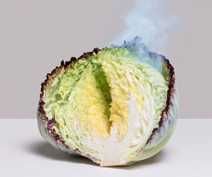 Roasted cabbage half with charred edges and rising steam, showing tender inner layers on a neutral background for healthy food and menu design