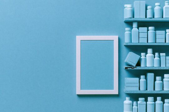 Blank white poster frame mockup on a blue wall beside pharmacy shelves with medicine bottles for healthcare signage and advertising templates