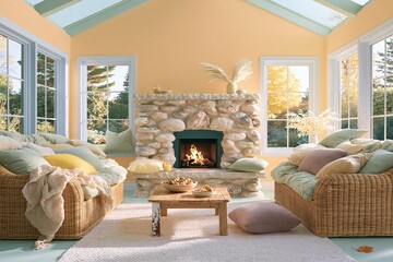 Obraz premium Sunlit orange sunroom with a stone fireplace and wicker sofas for autumn interior design and home decor inspiration
