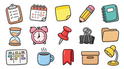 Set of colorful hand drawn office and school supply doodle icons on white background. © geira