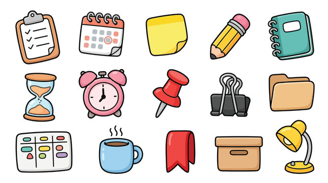 Set of colorful hand drawn office and school supply doodle icons on white background.