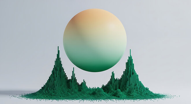 Abstract 3D render featuring floating gradient sphere above green geometric peaks abstract gradient geometric minimalist floating sculpture background futuristic creative visualization