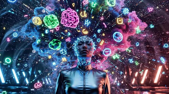 A man in a futuristic setting with colorful symbols and lights emanating from his head
