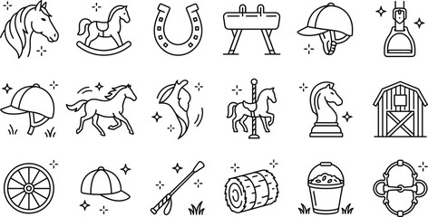 Equestrian sports horse riding and ranch icon set with helmet horseshoe carousel saddle barn line art illustration design © MD