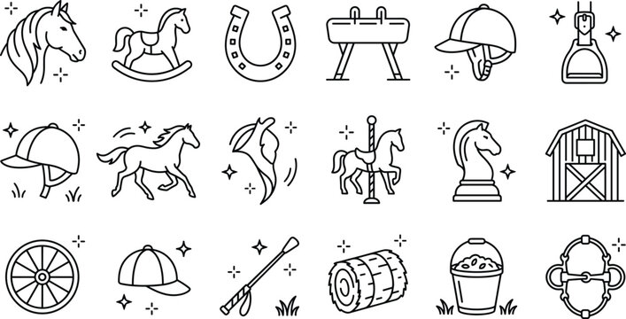 Equestrian sports horse riding and ranch icon set with helmet horseshoe carousel saddle barn line art illustration design